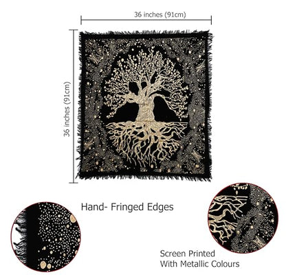 Indian Consigners Tree of Life Altar Cloth Tapestry Tablecloth Celtic Trees Ritual Spiritual Cloth for Sacred Places, Cotton Square Tarot Table Cover 36 by 36 Sacred Cloth - color: Golden Trunk Tree, size: 36" x 36" (Square)