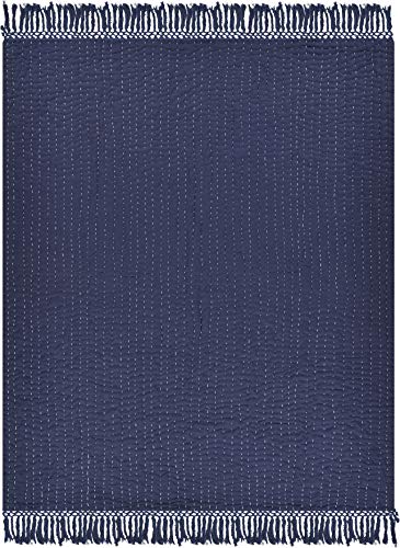 LR Home 50x60 inches Soft Hand Woven Farmhouse Throw Blanket for Bed, Sofa, Couch | All-Natural Cotton Solid Winter Warm Christmas Blanket Décor Gifts for Men, Women | Navy/Off-White - color: Navy/Off-white