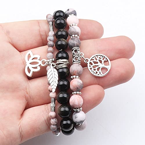 Tree of Life Yoga Healing Stone Bracelets,Multilayer Lotus Chakra Stone Reiki Bracelet Sets,Anxiety Crystal Natural Stone,for Women Stress Relief - style: pink zebra+golden obsidian