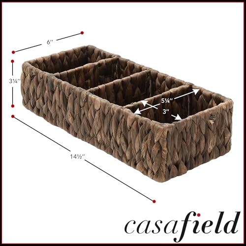 Casafield Set of 2 Water Hyacinth Basket Organizers with 4 Sections, Espresso - Woven Storage Bins for Bathroom, Laundry, Pantry, Office, Shelves