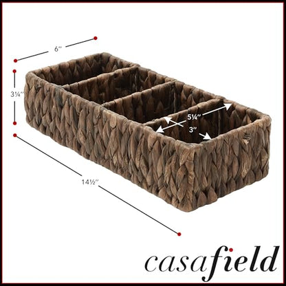 Casafield Set of 2 Water Hyacinth Basket Organizers with 4 Sections, Espresso - Woven Storage Bins for Bathroom, Laundry, Pantry, Office, Shelves