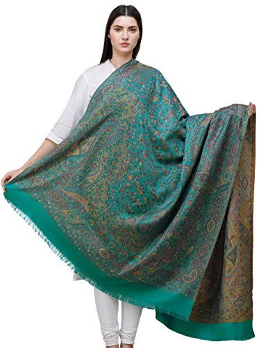 Exotic India Reversible Jamawar Shawl with Woven Paisleys - Wool - color: Proud Peacock