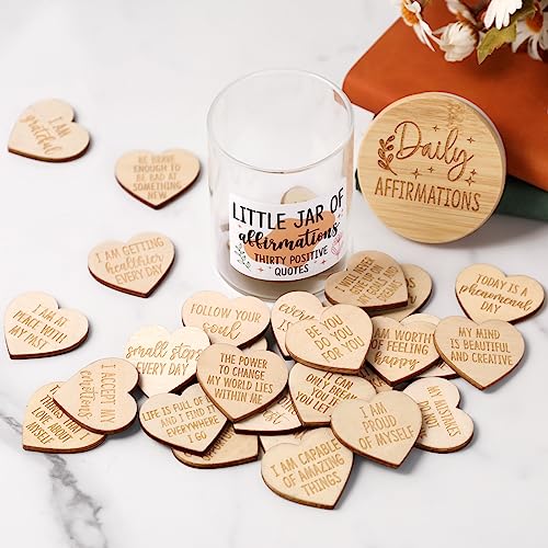 Daily Affirmation Cards for Women Jar Wooden Hearts Pins with Inspiring and Motivational Fridge Magnets Positive Quotes Self Care B-Day Mental Health Reminders Gift Idea for Friends Coworkers