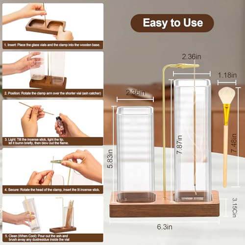 2 in 1 Incense Holder & Upside Down Burner with 7.8" & 5.9" Glass Jars, Ash Catcher & Storage for Sticks, Wooden Bakhoor Burner for Yoga Meditation Home Decor, Includes 20 Incense Sticks & Brush