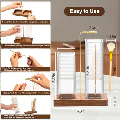 2 in 1 Incense Holder & Upside Down Burner with 7.8" & 5.9" Glass Jars, Ash Catcher & Storage for Sticks, Wooden Bakhoor Burner for Yoga Meditation Home Decor, Includes 20 Incense Sticks & Brush