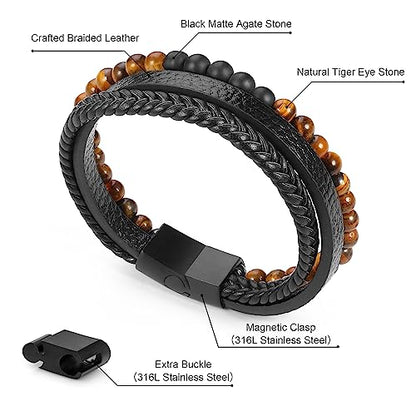 Leather Bead Bracelets for Men, Natural Tiger Eye Lava Rock Stone Bead Magnetic Clasp Adjustable Leather Bracelets Stress Relief Mens Anxiety Bracelet Mens Jewelry Gifts - style: Black Leather-Tiger Eye&Matte Agate
