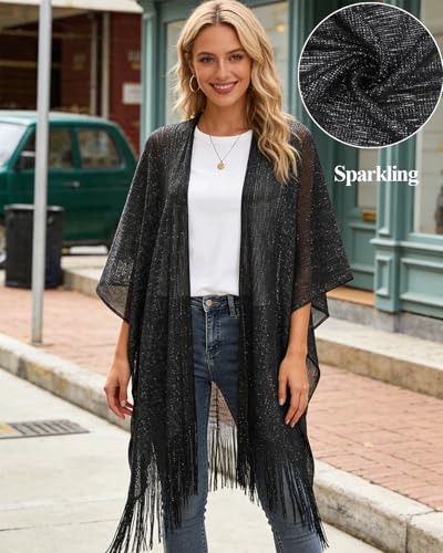Sparkle Metallic Evening Shawls for Women formal Party Dresses Beach Travel Cardigan Shawl Wrap for Swimsuit - color: P-black Silver