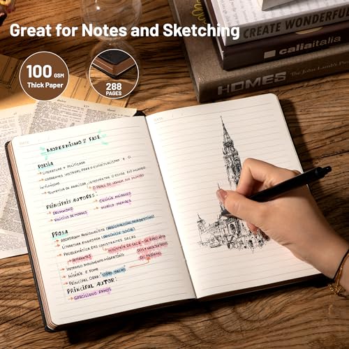 CAGIE Compass Leather Notebook Journal for Men, 100 GSM 288 Pages Lined Journals for Writing, A5 Hardcover Journaling Notebooks Gift Set with Pen for Travel Office Daily Writing - color: Black
