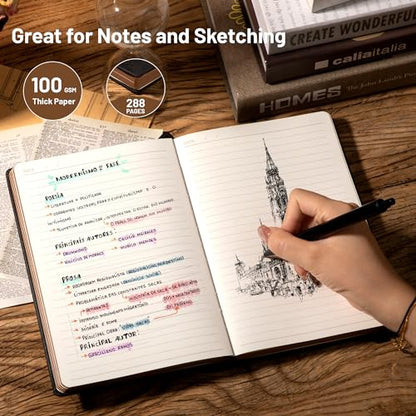 CAGIE Compass Leather Notebook Journal for Men, 100 GSM 288 Pages Lined Journals for Writing, A5 Hardcover Journaling Notebooks Gift Set with Pen for Travel Office Daily Writing - color: Black