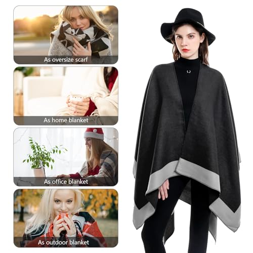 Shawl Wraps for Women, Elegant Knitted Cape Open Front Poncho Scarf Blanket Cardigan Coat for Spring, Autumn, and Winter - color: Black Gray