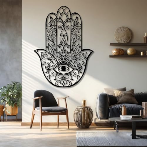 Hamsa Hand Metal Wall Decor, Sacred Geometry Metal Wall Art, Hamsa Wall Art, Zen Wall Decor for Living Room, Bedroom, Yoga Room, Meditation Space (Black,24" H x 17" W / 60 x 44 cm) - color: Black, size: 24"H x 17"W / 60 x 44 cm