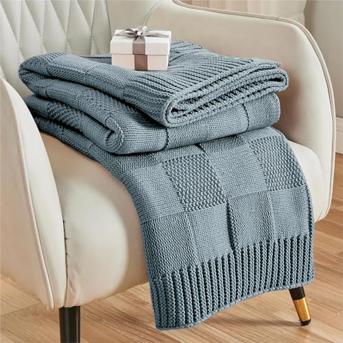 CozeCube Check Knit Throw Blanket, Dusty Blue Checkered Throw for Couch, Decorative Christmas Soft Cozy Warm Knitted Blanket for Bed Sofa Living Room, 60"X80" - color: Dusty Blue, size: 60"X80"
