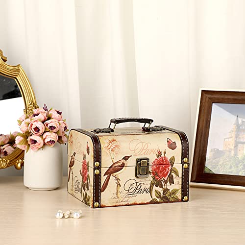 Decorative Treasure Chest Box, Wooden + PU Leather Storage Box for Jewelry Trinkets, Keepsakes box for Girls Women Gifts (Bird + Flower Pattern)