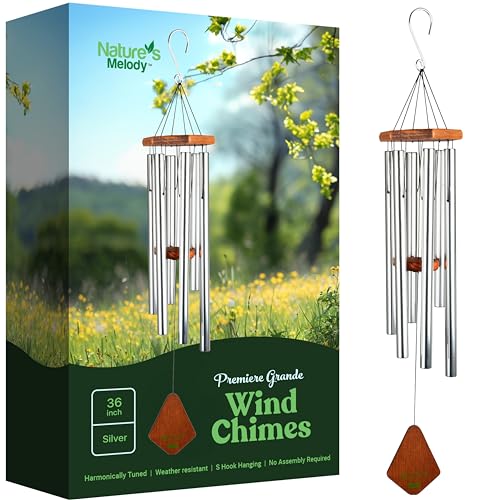 Nature’s Melody Premiere Grande Tunes Wind Chimes – Outdoor Windchime with 6 Tubes Tuned to E Pentatonic Scale, Rustproof Aluminum, Beech Wood & S Hook Hanger for Sympathy, Memorial Gift or Zen Garden - color: Silver, size: 36"