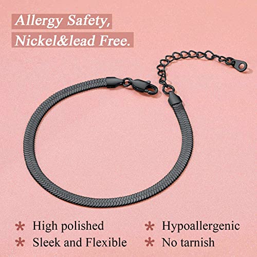 FindChic Elegant Herringbone Snake Chain Anklets/Bracelets 3MM/5MM Width Stainless Steel/18K Gold/Rose Gold Plated/Black 4 Color Options, 8.3'' 8.5'' 10.5'' Length, with Gift Box - color: A: 5mm 8.5'' anklet (Black)