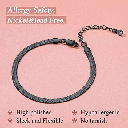 FindChic Elegant Herringbone Snake Chain Anklets/Bracelets 3MM/5MM Width Stainless Steel/18K Gold/Rose Gold Plated/Black 4 Color Options, 8.3'' 8.5'' 10.5'' Length, with Gift Box - color: A: 5mm 8.5'' anklet (Black)
