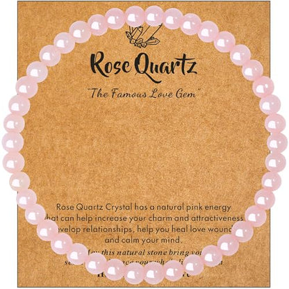 MAIBAOTA Healing Crystal Bracelet for Women Men, 8/4 mm Natural Stone Beaded Bracelets, Jewelry Birthday Gifts, Round Gemstones Stretch Bracelets - color: Pink-Rose Quartz, size: 4 mm