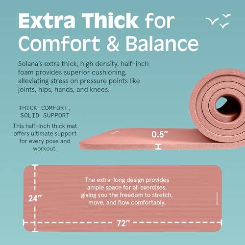 Retrospec Solana Yoga Mat Thick 1/2in Non-Slip Workout Mat with Nylon Strap - 72x24in Exercise Mat for Pilates, Stretching & Fitness - BPA Free, Easy Clean - color: Rose