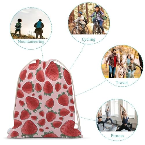 Strawberry Fruit Pink Portable Canvas Drawstring Backpack with Drawstring Pockets 30x40cm - color: Strawberry Fruit Pink, size: 30x40cm