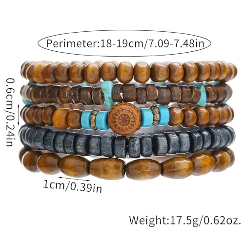 Puka Shell Bracelet for Men Wooden Bracelets Turquoise Stack Beaded Minimalist Trendy Jewelry for Friend Gift - style: 5pcs-Blue Brown