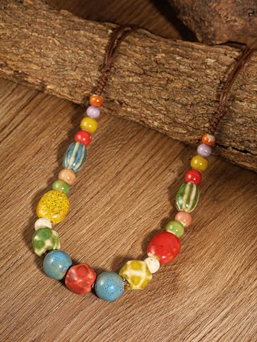 MINACHI Hippie Boho Colorful Ceramic Round Beads Strand Necklace, Bohemian Fashion Statement Jewelry Gift for Women - color: S07