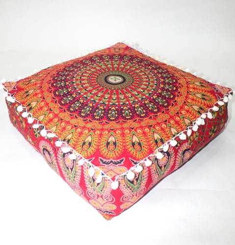 CRAFT KALA Red Peacock Large Hippie Mandala Meditation Floor Ottoman Pillow Cushion Pouf Cover Square Poufs Bohemian Circle Floor Cushion Case Outdoor Fireplace Yoga Living Room Decor Cover 16" Square - color: Red, size: 16"D x 16"W x 5"H