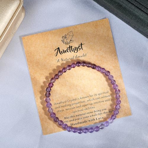 MAIBAOTA Healing Crystal Bracelet for Women Men, 8/4 mm Natural Stone Beaded Bracelets, Jewelry Birthday Gifts, Round Gemstones Stretch Bracelets - color: Purple-Amethyst, size: 4 mm