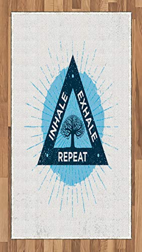 Ambesonne Inhale Exhale Area Rug, Spa Yoga Meditation in Triangle with Tree of Life Tranquil Graphic, Flat Woven Accent Rug for Living Room Bedroom Dining Room, 2' 6" x 5', Night Blue and White