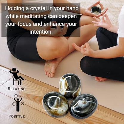 Amazing Gemstone Black Onyx Crystals and Healing Stones - Large Palm Stone Crystals Piedra - Crystal for Good Luck, Balanced Positive Energy, Meditation - Unique Stocking Stuffers and Birthday Gifts - color: Black Onyx