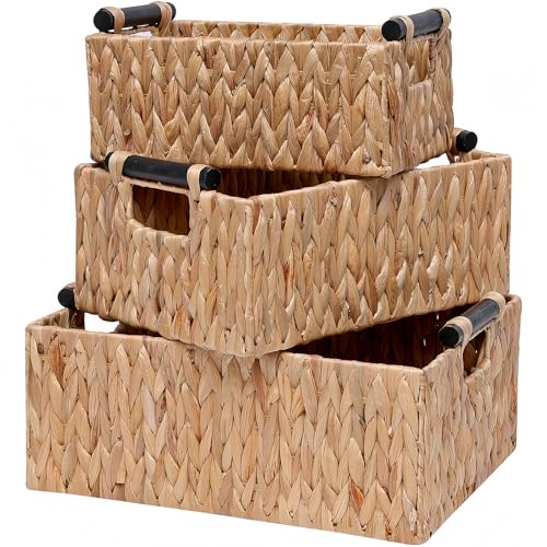 Storage Baskets 3 Pack Storage Baskets for Organizing Toys,Handwoven Storage Bins for Nursery,Natural Water Hyacinth Baskets for Organizing with Wooden Handles