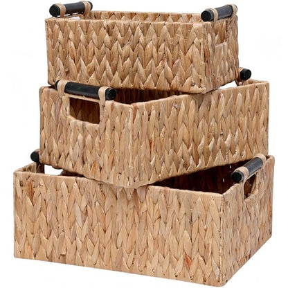 Storage Baskets 3 Pack Storage Baskets for Organizing Toys,Handwoven Storage Bins for Nursery,Natural Water Hyacinth Baskets for Organizing with Wooden Handles