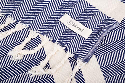 Bersuse 100% Cotton Herringbone XL Throw Blanket for Couch - 100% Cotton Lightweight Durable Throw Blanket, Big Blanket for Sensitive Skin, Decorative and Versatile - 63x94 Inches, Dark Blue