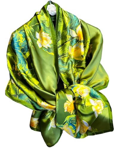 Dress Scarves Shawl Wraps Long Silky Scarf for Women Dressy Fashion Lightweight for Decorative Formal Evening Gowns - color: 1009-green Oil Painting Lotus