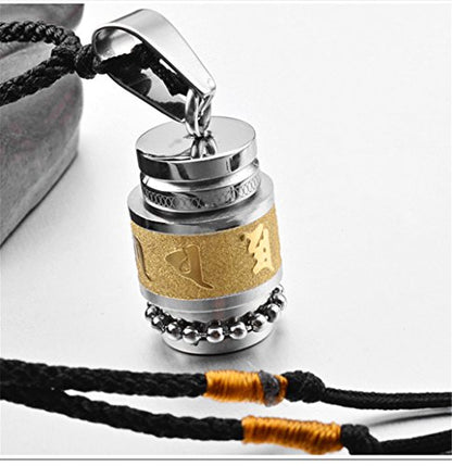 Men's Stainless Steel Open Lucky Buddha Mantra Pendant Necklace Bottle Container Memorial with Braided Rope - color: Mantra - Gold (small)