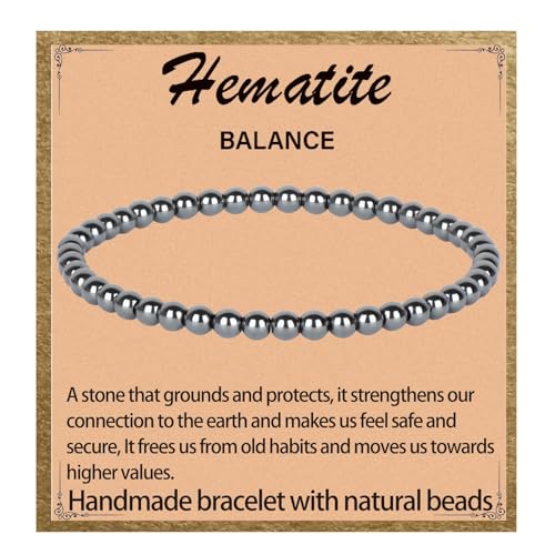 LPBeads Handmade Natural Gemstone Stretch Elastic Bracelet Healing Crystal Round Stone Beads Jewelry Gifts for Women Men - color: Hematite, size: 4mm