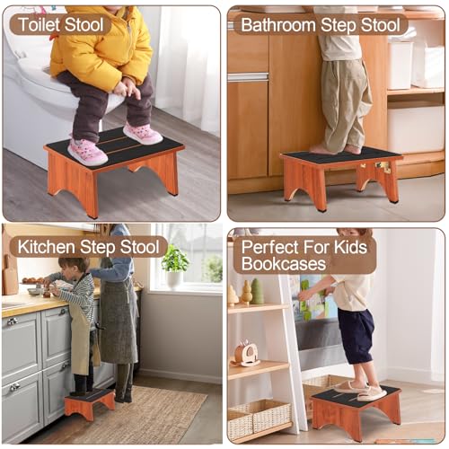 Step Stool Foldable, Wooden Step Stool with Non-Slip Rubber Stepping Feet, Folding Platform Step Stools for Adults Seniors in Kitchen, Home, Bedroom, Office, Rv, Easy to Carry,450 LBS Capacity (Brown)
