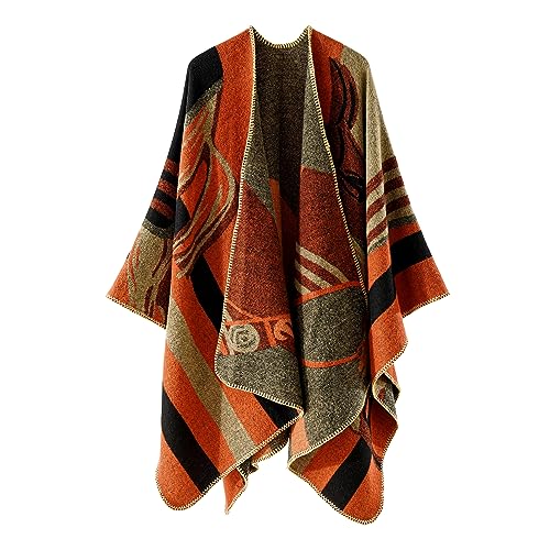 Shawl Wraps for Women, Elegant Knitted Cape Open Front Poncho Scarf Blanket Cardigan Coat for Spring, Autumn, and Winter - color: Orange Black