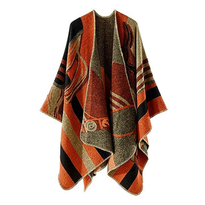Shawl Wraps for Women, Elegant Knitted Cape Open Front Poncho Scarf Blanket Cardigan Coat for Spring, Autumn, and Winter - color: Orange Black