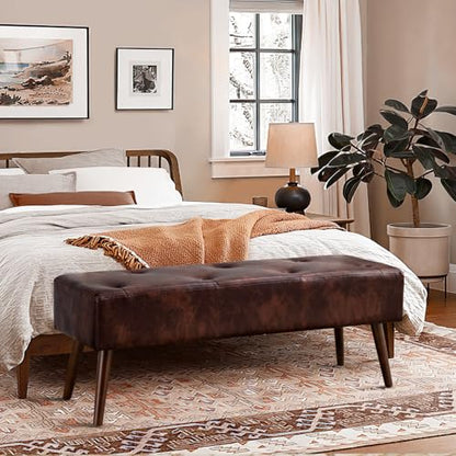 Furnimart Faux Leather Bench Ottoman, Tufted Button Bedroom Benches Footrest Stool in Solid Wood Legs, Long and Dining Bench, Indoor Bench for Entryway Living Room Bedroom (Leather-Darkbrown) - color: Leather-darkbrown