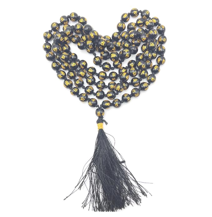 GEMSCITE Japa Mala 108 Prayer Beads Perfect for Meditation Spiritual Mala Necklace & Wrist Mala Bracelet - color: Black Agate (Om), size: Hand Knotted
