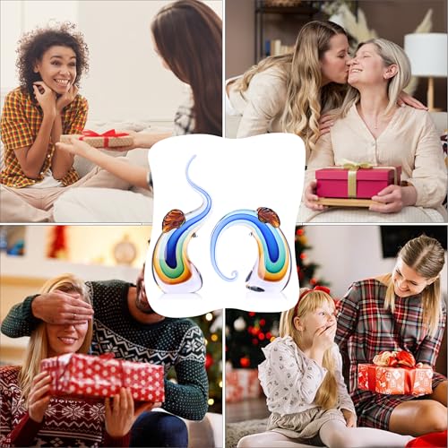 suruim Hand Blown Murano Glass Elephant Statues Set - Luxury Sculptures Home Decor for Living Room & Office Art Glass Ornament Animal Collectible (Blue)