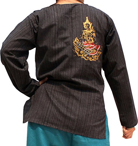 RaanPahMuang Painted Meditation Open Collar Striped Cotton Shirt in Black sz S