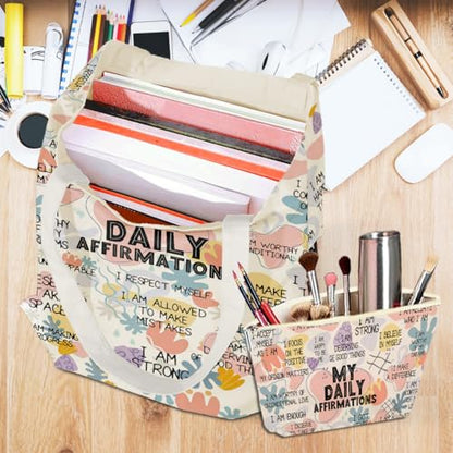 Positive Affirmations for Women, 2PCS Cosmetic Bag Canvas Tote Bag Beach Bags with Pocket Makeup Bags, Encouragement Inspirational Mental Health Gifts for Female Sister Friend Birthday Christmas - color: My Affirmations 0940