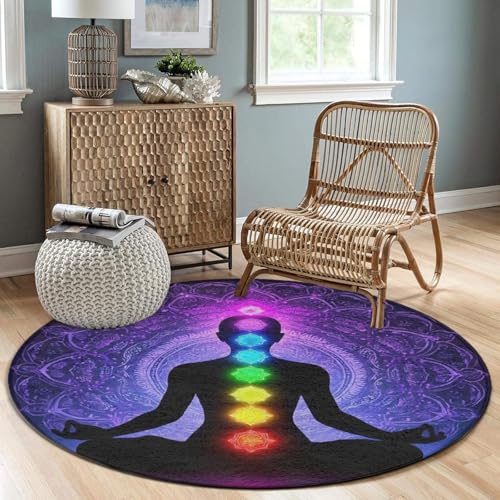 Modern Round Area Rug, Non-Slip Machine Washable Kitchen Office Circle Rug, Room Sofa Yoga Soft Round Carpet Compatible with Seven Chakra Yoga Meditation Lotus Purple Mandala 24inch(60cm) - color: Color700, size: 24inch(60cm)