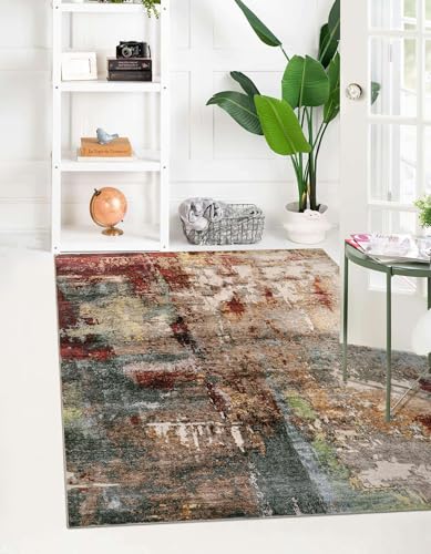 Lahome Modern Abstract 5x7 Area Rugs for Living Room, Washable Bedroom Rug Soft Non Slip Low Pile, Faux Wool Contemporary Carpet for Indoor Floor Decor Home Office Dining Room,Red/Multi - color: Red/Multi, size: 5' x 7'