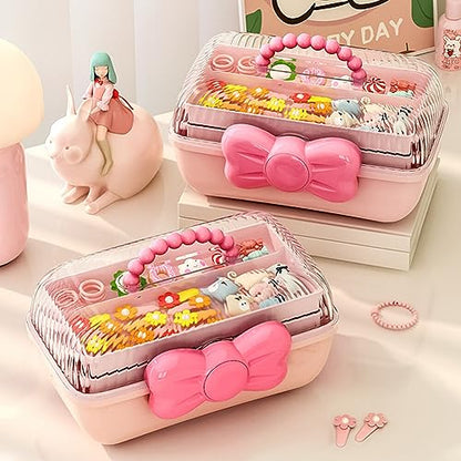 Cute Girls Hair Accessories Storage Box Bow Switch Organizer Box Jewelry Box, Plastic Hair Ties Holder Hair Clips Container Storage Box for Home, School, Office(Pink)
