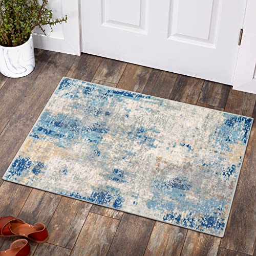 Lahome Modern Abstract Kitchen Rug - 2x3 Washable Small Front Doormat Soft Throw Rugs for Entryway Non-Slip, Contemporary Faux Wool Floor Indoor Carpet for Bathroom, Blue/Yellow/Ivory - color: Blue/Ivory, size: 2' x 3'