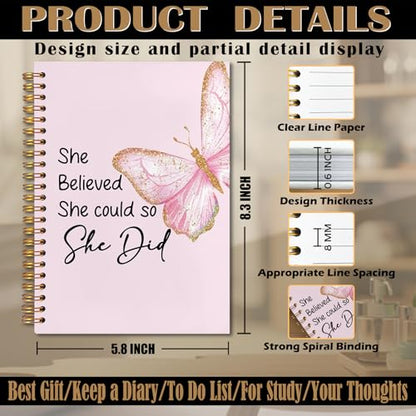 Pink Butterfly Inspirational Spiral Notebook 5.5x8.3, She Believed She Could So She Did Motivational Journal, Inspirational Encouragement Gifts for Women, Pink Office Supplies - color: Notebook-14