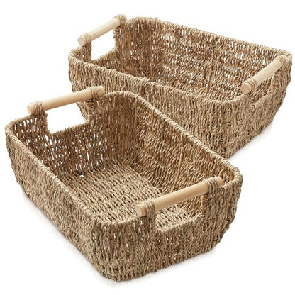 Casafield Set of 2 Seagrass Oval Storage Baskets with Wooden Handles - Large, Woven Bin Organizers