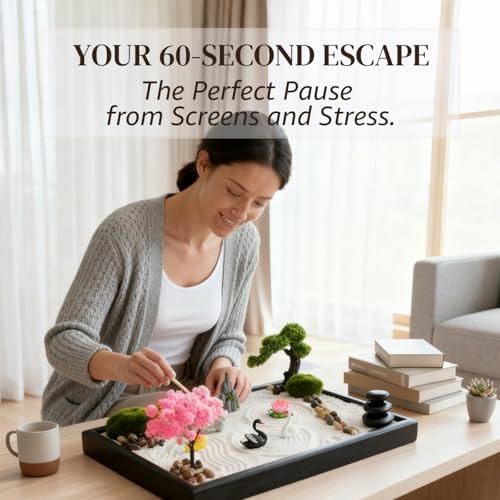 Zen Garden for Desk, Japanese Garden Home Office Desktop Decor for Meditation Sand Tray Therapy Kit,11.8'' X 7.9'' Large Size,Bamboo Rake Tools, Valentine's Day Gift